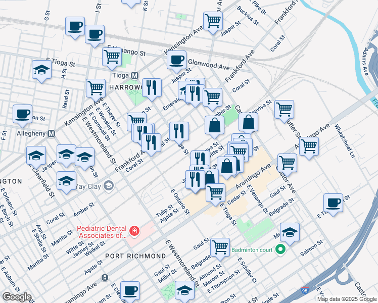 map of restaurants, bars, coffee shops, grocery stores, and more near 2137 East Tioga Street in Philadelphia