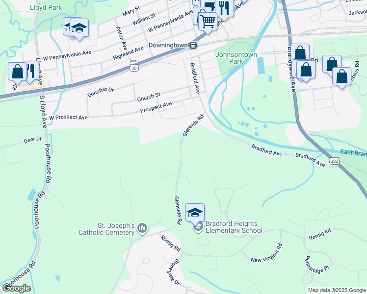 map of restaurants, bars, coffee shops, grocery stores, and more near 1012 Glenside Road in Downingtown