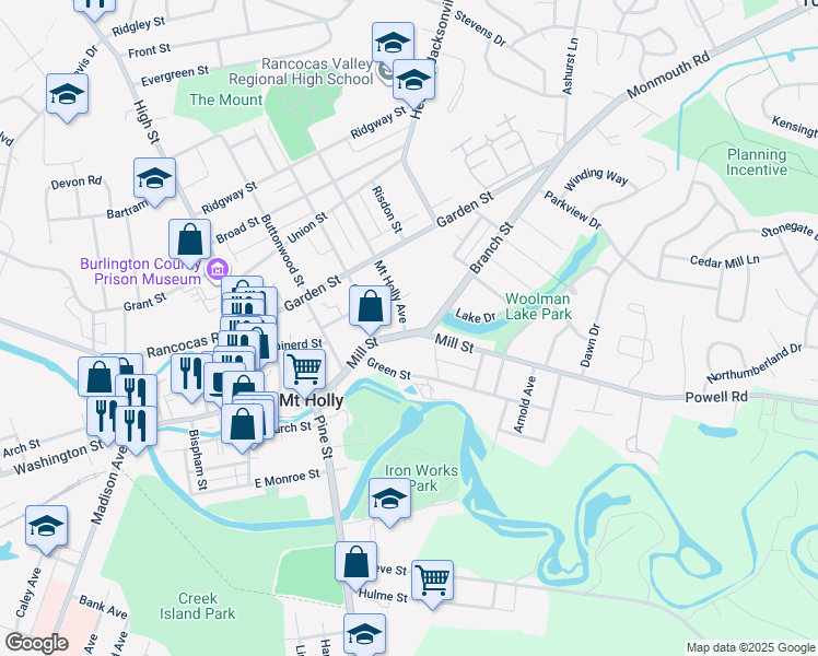 map of restaurants, bars, coffee shops, grocery stores, and more near 7 Foundry Boulevard in Mount Holly