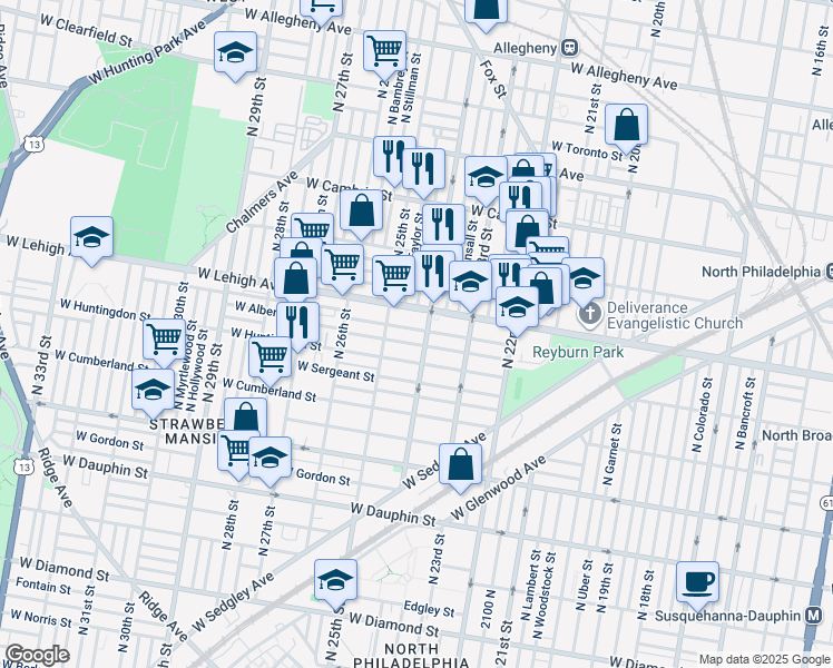 map of restaurants, bars, coffee shops, grocery stores, and more near 2412 West Oakdale Street in Philadelphia