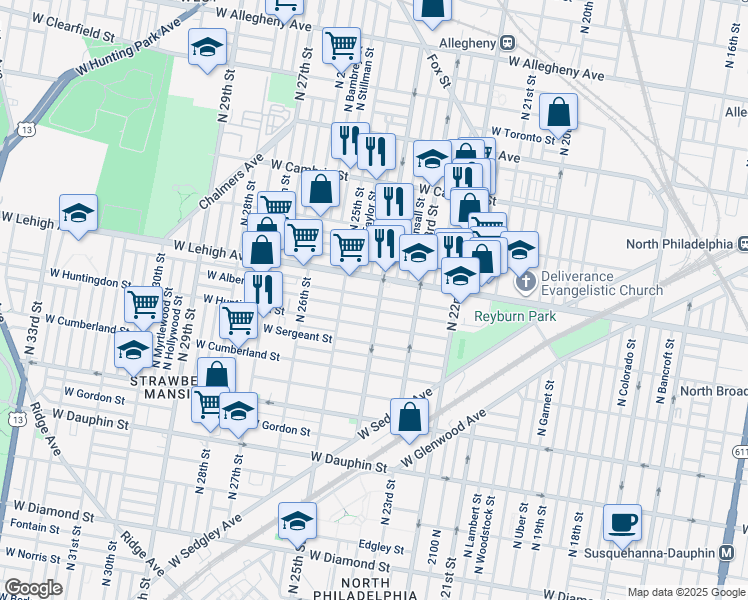 map of restaurants, bars, coffee shops, grocery stores, and more near 2404 West Oakdale Street in Philadelphia