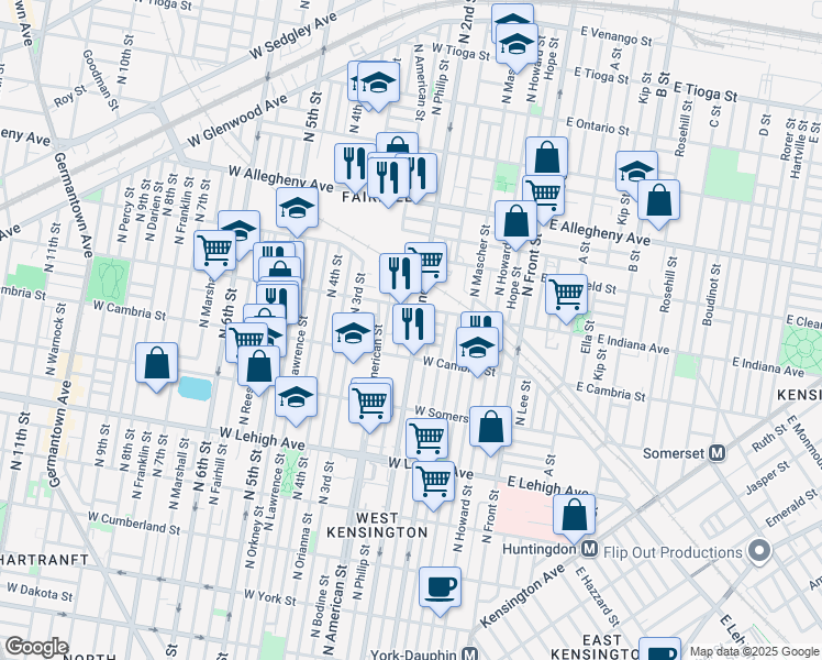 map of restaurants, bars, coffee shops, grocery stores, and more near 238 West Indiana Avenue in Philadelphia