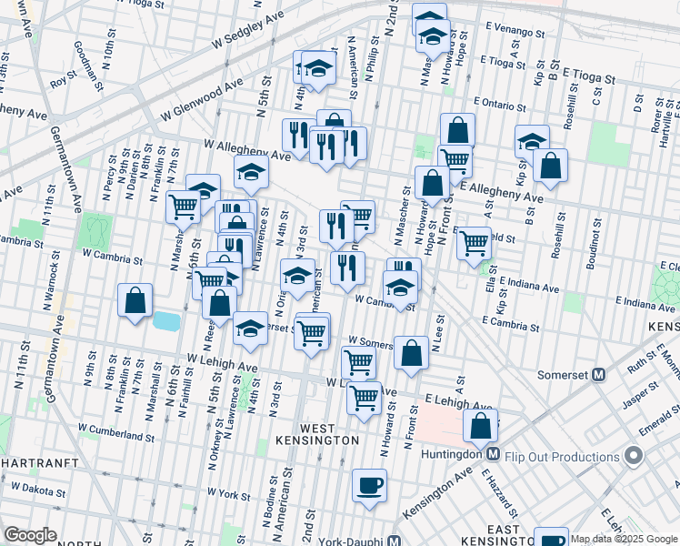 map of restaurants, bars, coffee shops, grocery stores, and more near 2931 North Philip Street in Philadelphia