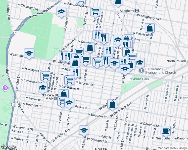 map of restaurants, bars, coffee shops, grocery stores, and more near 2503 West Harold Street in Philadelphia