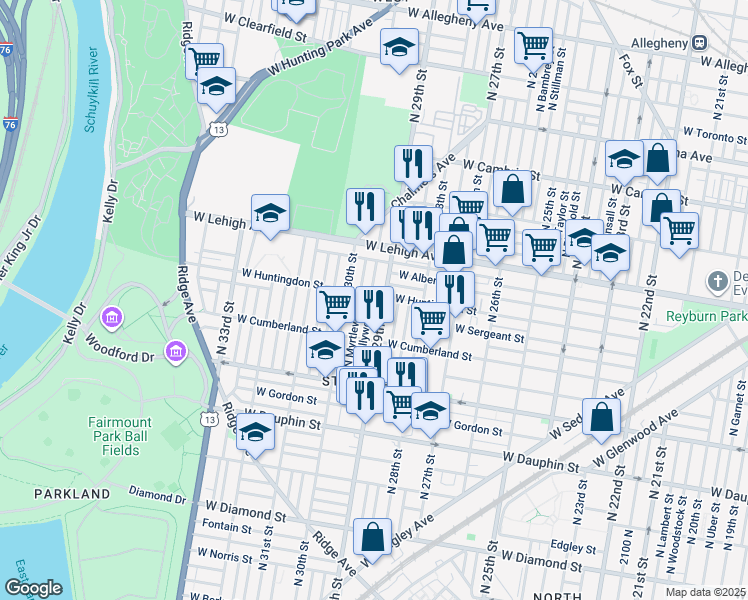 map of restaurants, bars, coffee shops, grocery stores, and more near 2565 North Hollywood Street in Philadelphia