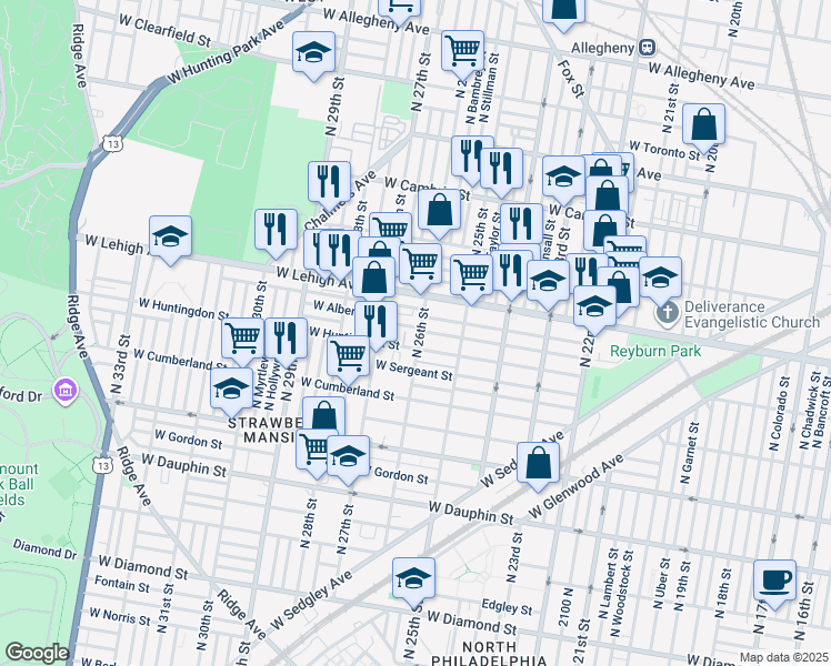 map of restaurants, bars, coffee shops, grocery stores, and more near 2602 West Harold Street in Philadelphia