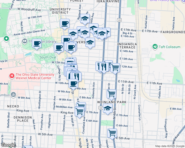 map of restaurants, bars, coffee shops, grocery stores, and more near 145 Chittenden Avenue in Columbus