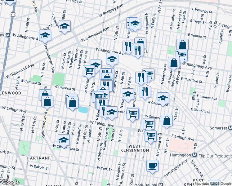 map of restaurants, bars, coffee shops, grocery stores, and more near 2914 North Leithgow Street in Philadelphia