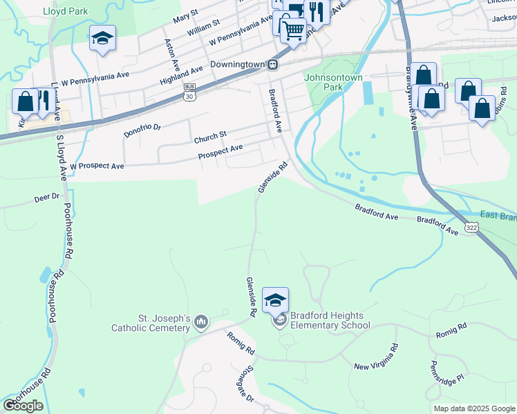 map of restaurants, bars, coffee shops, grocery stores, and more near 1012 Glenside Road in Downingtown