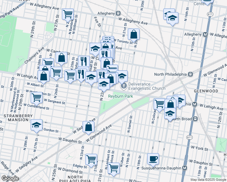 map of restaurants, bars, coffee shops, grocery stores, and more near 2100 West Lehigh Avenue in Philadelphia