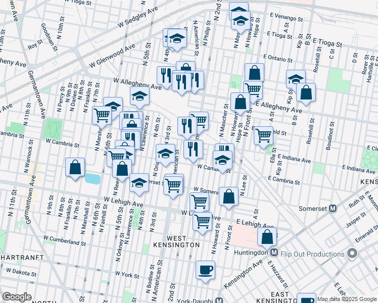 map of restaurants, bars, coffee shops, grocery stores, and more near 2931 North Philip Street in Philadelphia
