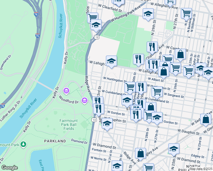 map of restaurants, bars, coffee shops, grocery stores, and more near 2532 North Natrona Street in Philadelphia