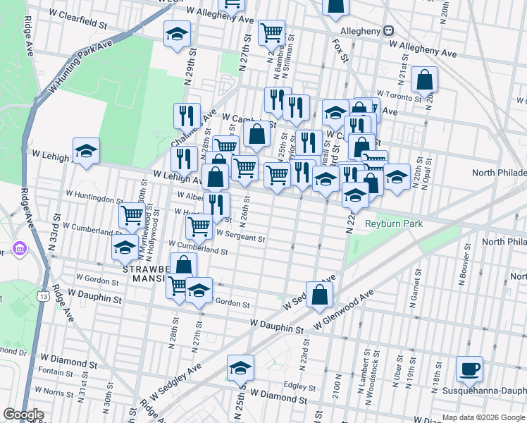 map of restaurants, bars, coffee shops, grocery stores, and more near in Philadelphia