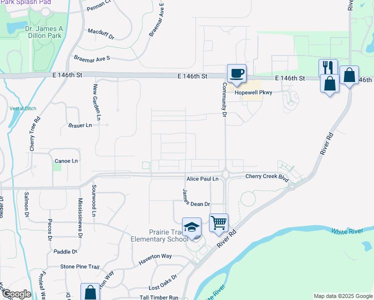 map of restaurants, bars, coffee shops, grocery stores, and more near 14277 James Dean Drive in Carmel