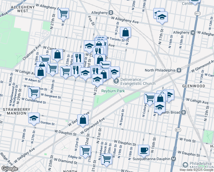 map of restaurants, bars, coffee shops, grocery stores, and more near 2100 West Lehigh Avenue in Philadelphia