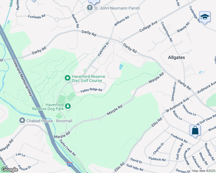map of restaurants, bars, coffee shops, grocery stores, and more near 262 Valley Ridge Road in Haverford