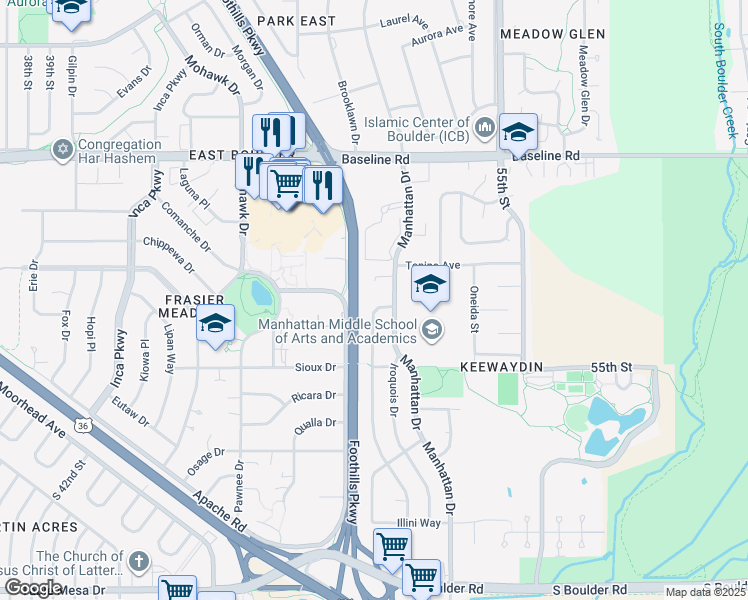 map of restaurants, bars, coffee shops, grocery stores, and more near 385 Seminole Drive in Boulder