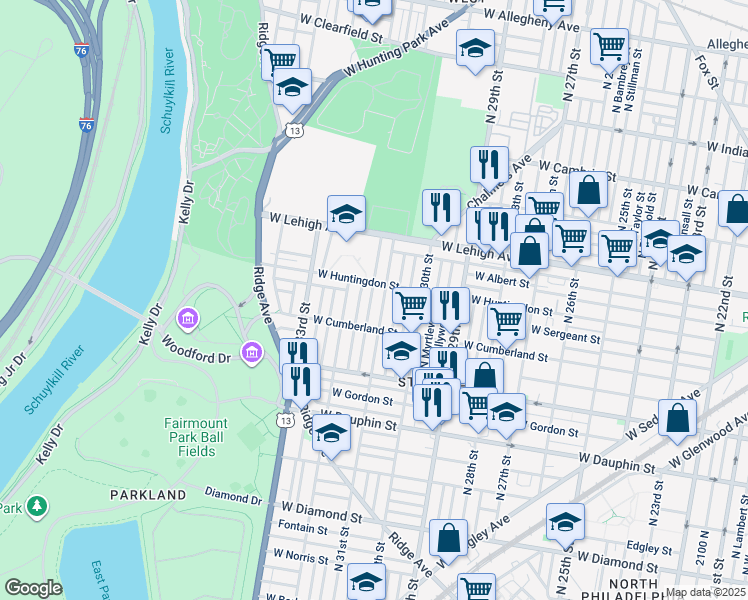 map of restaurants, bars, coffee shops, grocery stores, and more near 2547 North Napa Street in Philadelphia