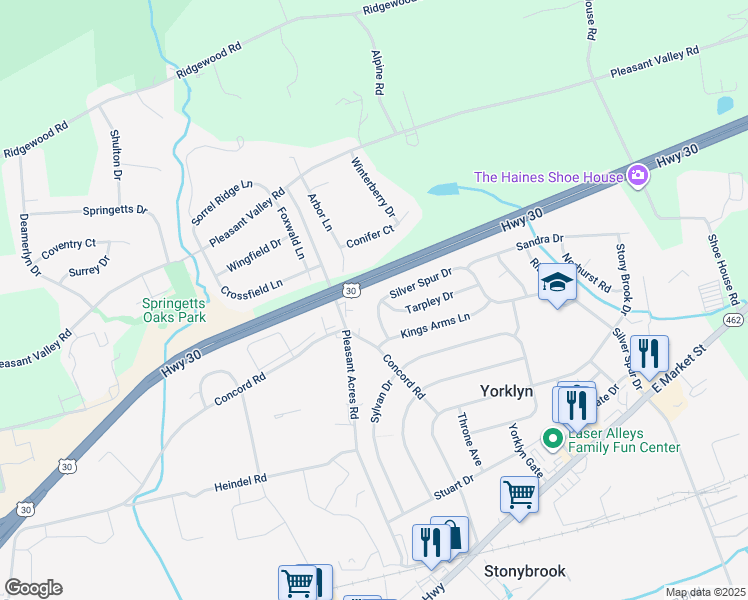 map of restaurants, bars, coffee shops, grocery stores, and more near 3813 Silver Spur Drive in York