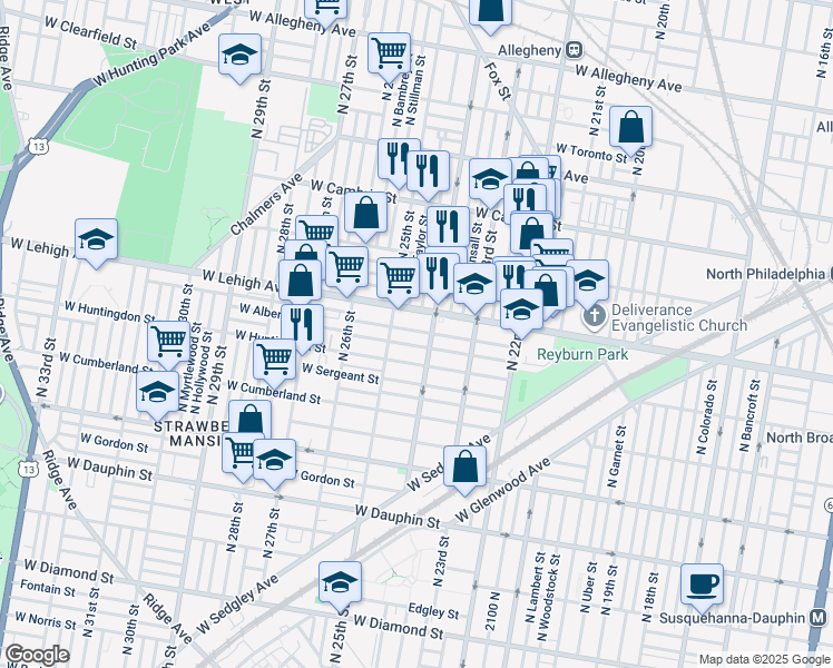 map of restaurants, bars, coffee shops, grocery stores, and more near 2418 West Oakdale Street in Philadelphia