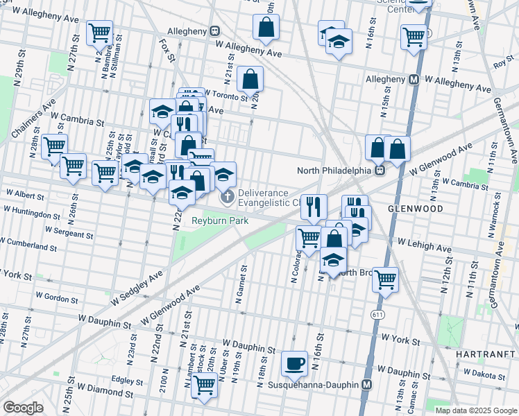 map of restaurants, bars, coffee shops, grocery stores, and more near 1901 West Sedgley Avenue in Philadelphia