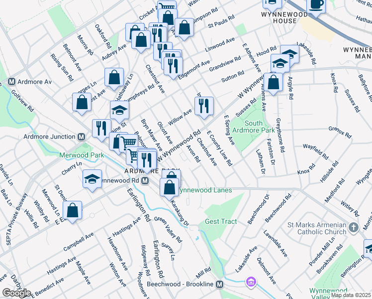 map of restaurants, bars, coffee shops, grocery stores, and more near 731 Wynnewood Road in Ardmore