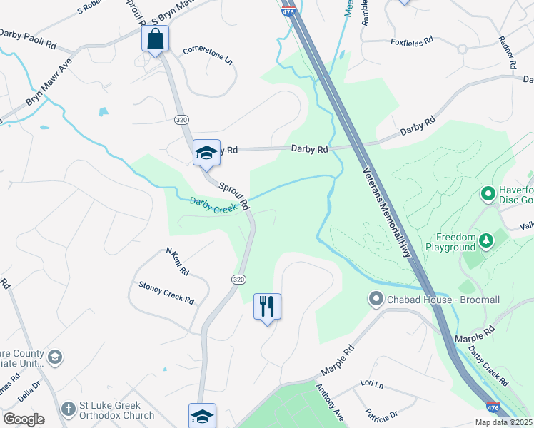 map of restaurants, bars, coffee shops, grocery stores, and more near 122 Carli Drive in Broomall