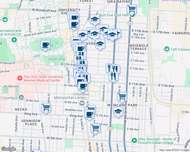 map of restaurants, bars, coffee shops, grocery stores, and more near 95 Chittenden Avenue in Columbus