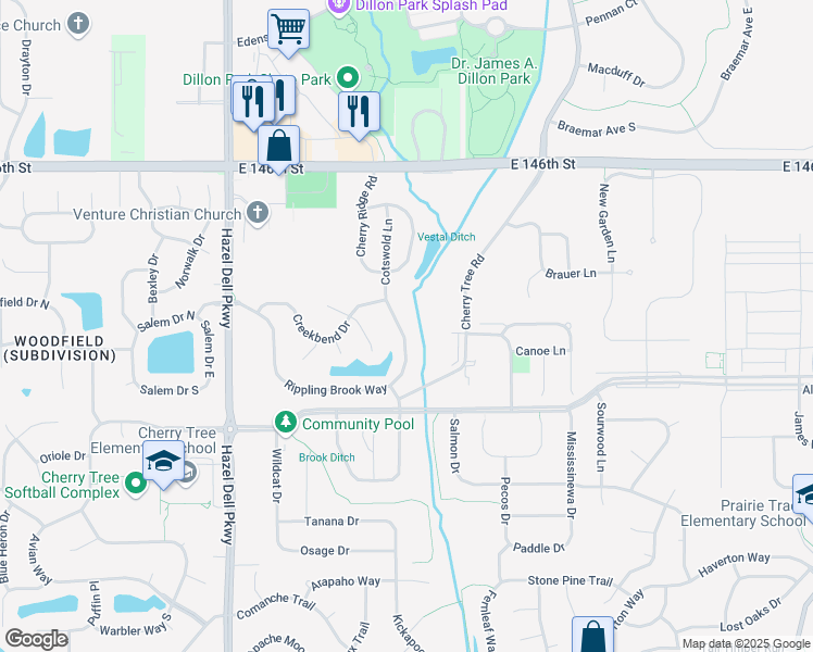 map of restaurants, bars, coffee shops, grocery stores, and more near 5391 Rippling Brook Way in Carmel