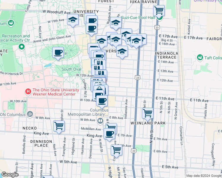 map of restaurants, bars, coffee shops, grocery stores, and more near 67 Chittenden Avenue in Columbus