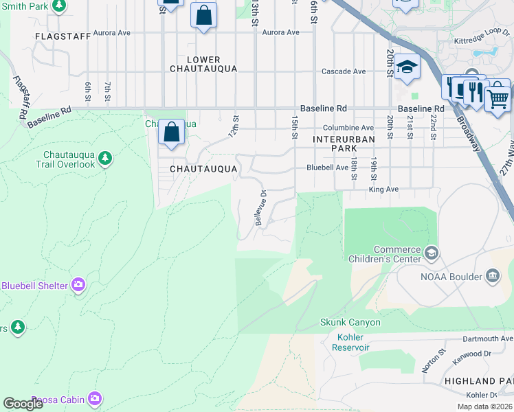 map of restaurants, bars, coffee shops, grocery stores, and more near 295 Bellevue Drive in Boulder