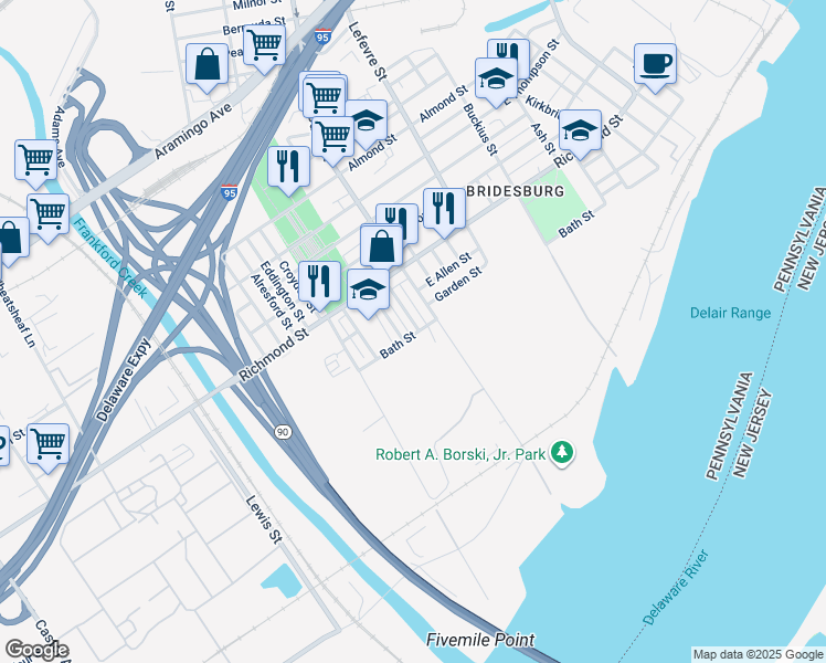 map of restaurants, bars, coffee shops, grocery stores, and more near 2880 Gillingham Street in Philadelphia