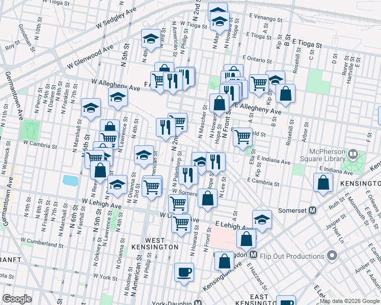 map of restaurants, bars, coffee shops, grocery stores, and more near 3000 North Mascher Street in Philadelphia