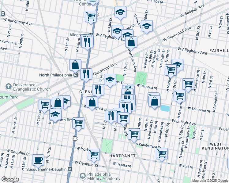 map of restaurants, bars, coffee shops, grocery stores, and more near 2835 North 12th Street in Philadelphia