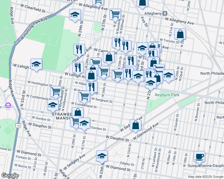 map of restaurants, bars, coffee shops, grocery stores, and more near in Philadelphia