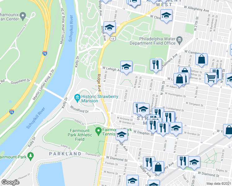 map of restaurants, bars, coffee shops, grocery stores, and more near 3313 West Sergeant Street in Philadelphia