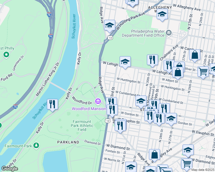 map of restaurants, bars, coffee shops, grocery stores, and more near 3313 West Sergeant Street in Philadelphia