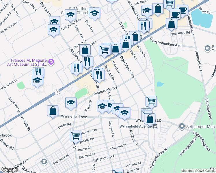 map of restaurants, bars, coffee shops, grocery stores, and more near 2408 North 52nd Street in Philadelphia