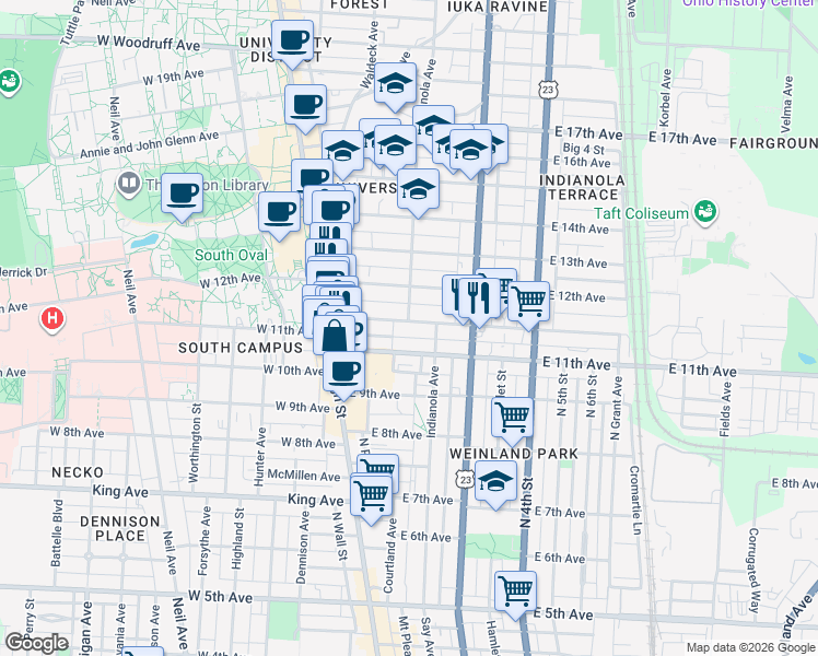 map of restaurants, bars, coffee shops, grocery stores, and more near in Columbus