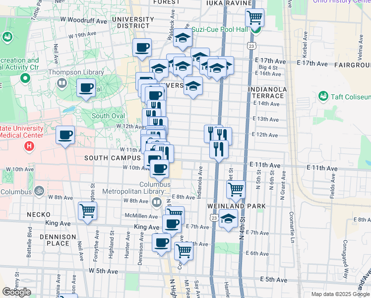 map of restaurants, bars, coffee shops, grocery stores, and more near in Columbus