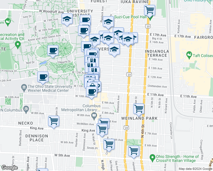 map of restaurants, bars, coffee shops, grocery stores, and more near 60 Chittenden Avenue in Columbus