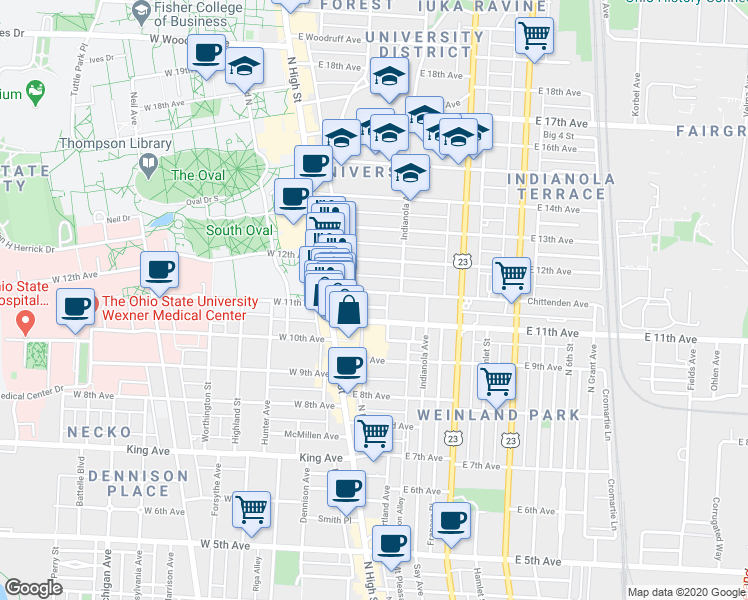 map of restaurants, bars, coffee shops, grocery stores, and more near 60 Chittenden Avenue in Columbus