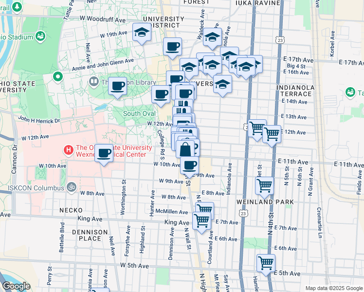 map of restaurants, bars, coffee shops, grocery stores, and more near 12 Chittenden Avenue in Columbus