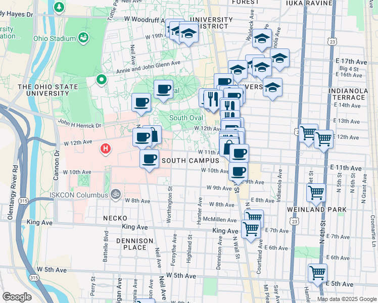 map of restaurants, bars, coffee shops, grocery stores, and more near 92 West 11th Avenue in Columbus