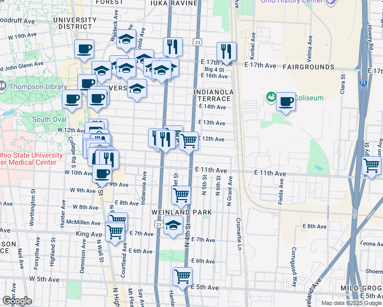 map of restaurants, bars, coffee shops, grocery stores, and more near N 4th St & Chittenden Ave in Columbus