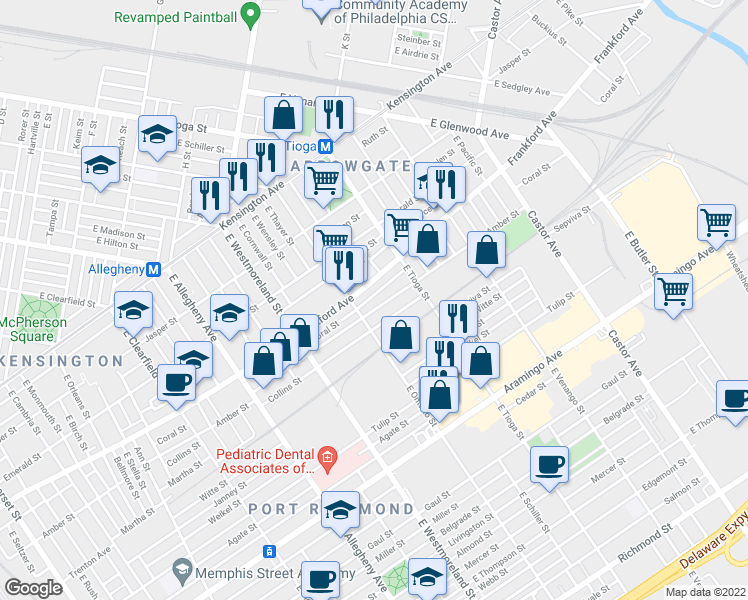 map of restaurants, bars, coffee shops, grocery stores, and more near 3428 Amber Street in Philadelphia