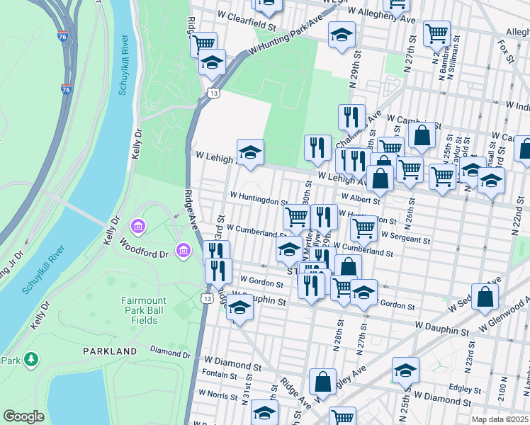 map of restaurants, bars, coffee shops, grocery stores, and more near 2546 North Napa Street in Philadelphia