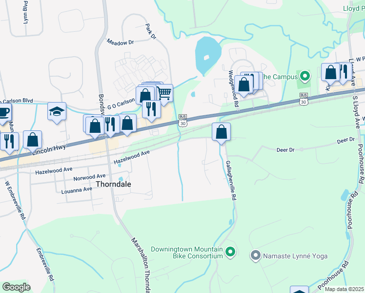 map of restaurants, bars, coffee shops, grocery stores, and more near 4202 Hazelwood Avenue in Downingtown
