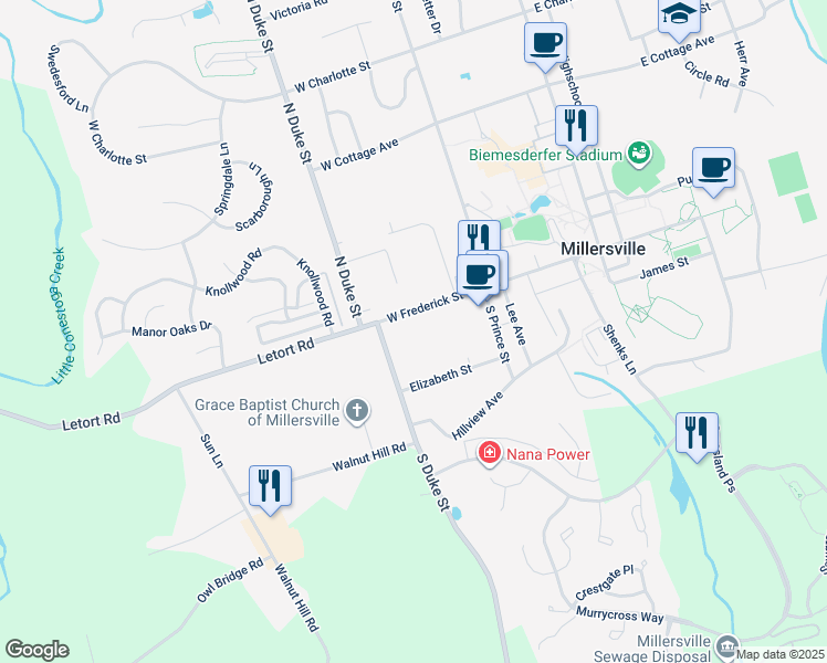 map of restaurants, bars, coffee shops, grocery stores, and more near 162 West Frederick Street in Millersville