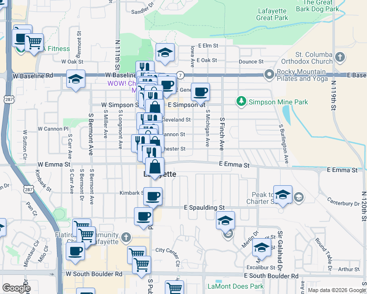 map of restaurants, bars, coffee shops, grocery stores, and more near 310 East Cannon Street in Lafayette